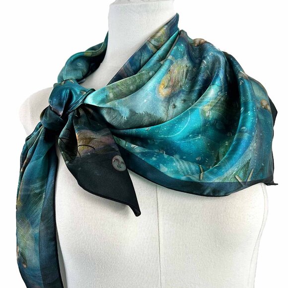 Goldfish Pond & Lotus Flower Square Pure Silk Scarf - Picture 3 of 10
